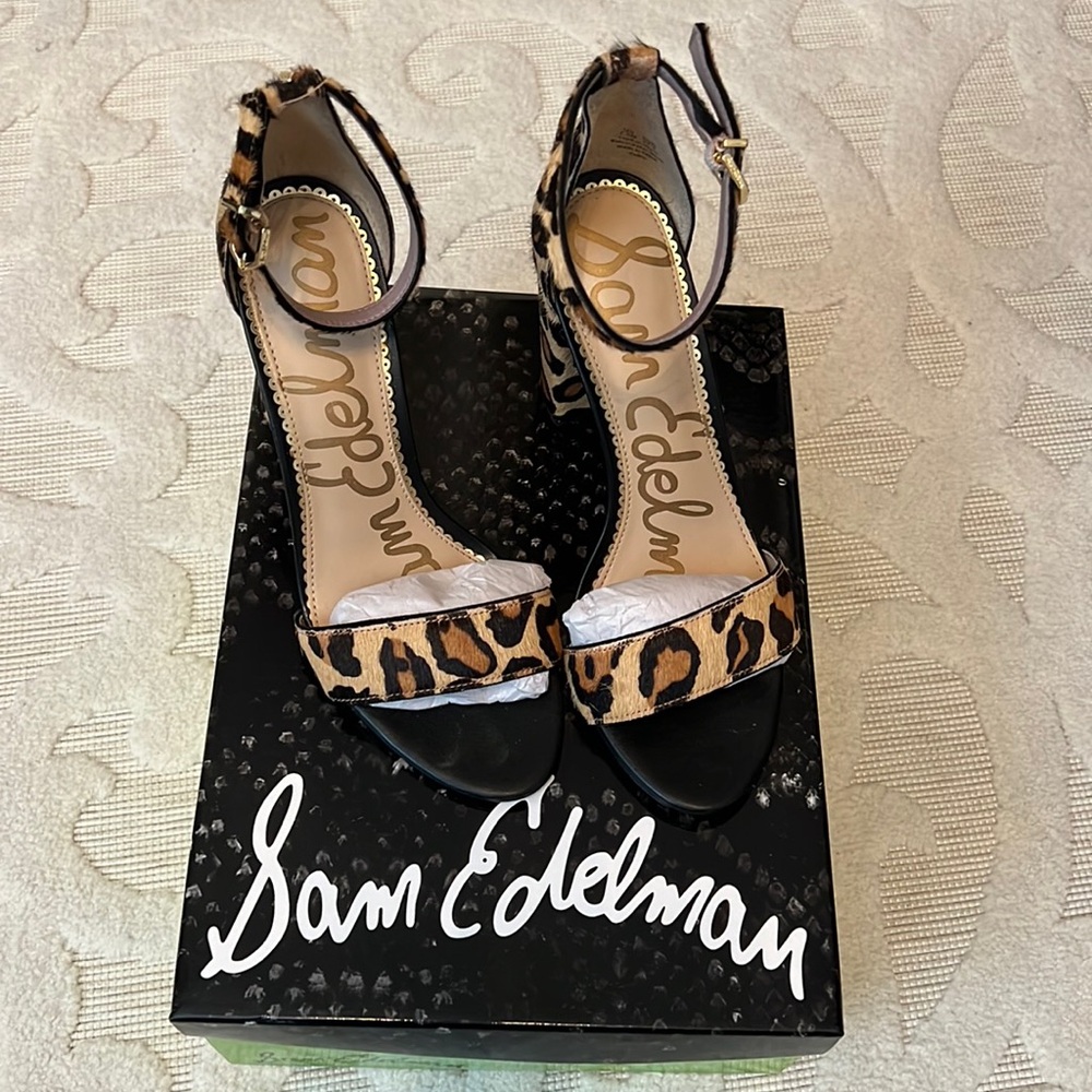 Sam Edelman Yaro Ankle Strap Sandal Heel New Nude Leopard Brahma Hair